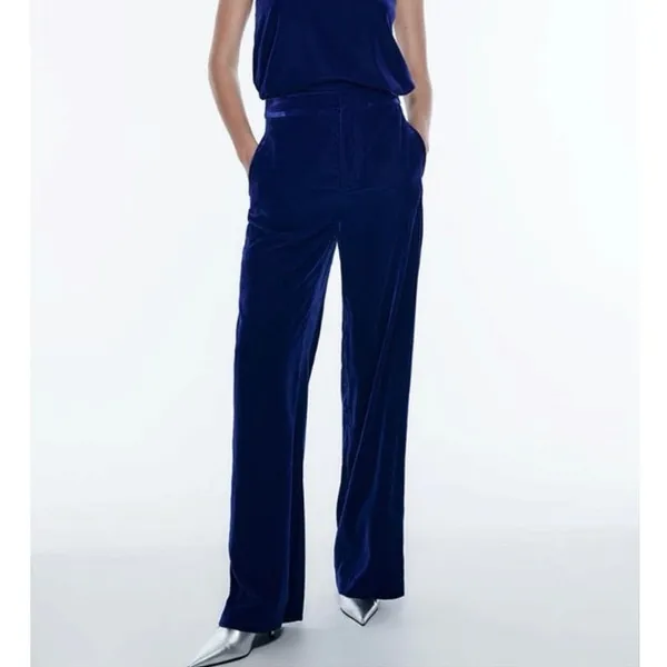 Zara Blue Velvet Velour High Waist Wide Flared Leg Crop Ankle Trousers Pants S - Image 2