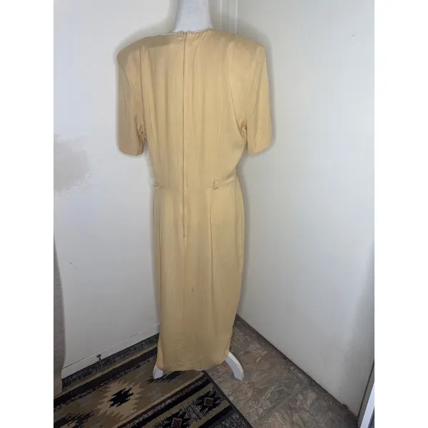 VTG 90s Casual Corner Rayon Linen Side Button Midi Dress Yellow 14 (Fits M/L) - Image 4