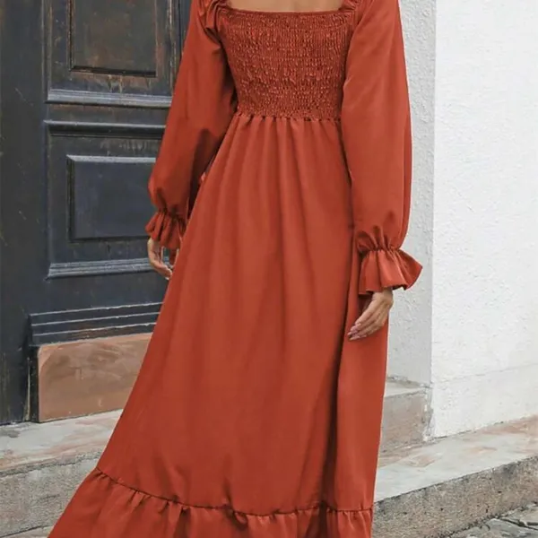 New Autumn Smocked Square Neck Flared Dress | Boho Bell Sleeve Ruffle Hem Midi L - Image 2