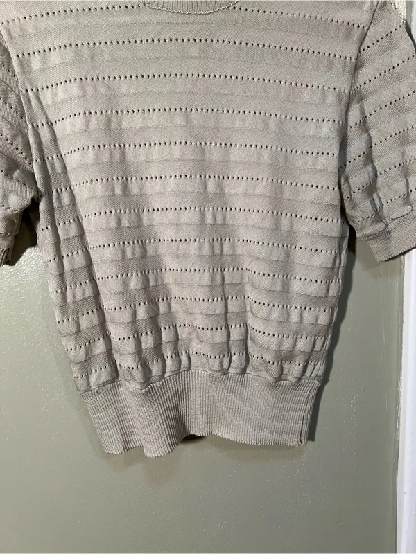 Women's Crewneck Short Sleeve Sweater Beige Pointelle Striped‎ Knit Ribbed Hem - Image 4