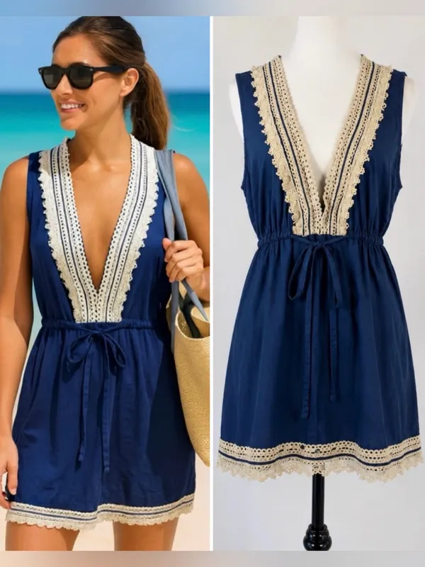 Mud Pie Navy Crochet Trim Swim Cover-Up Dress Sz Large💚 - Image 2
