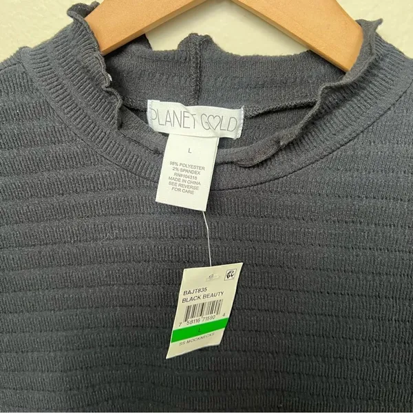 Planet Gold Macy’s NWT Black Mock Neck Lettuce Trim Ribbed Short Sleeve Top - Image 3