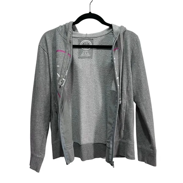 Life Is Good Zip Up Hoodie Gray Pink Relaxed Fit Womans XS Heart Design Sweater - Image 2