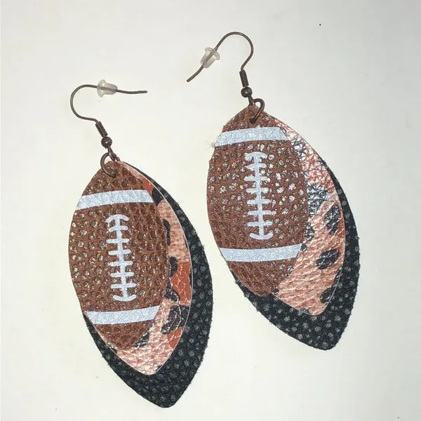 Football Print Layered Teardrop Earrings - Brown & Black - Image 2