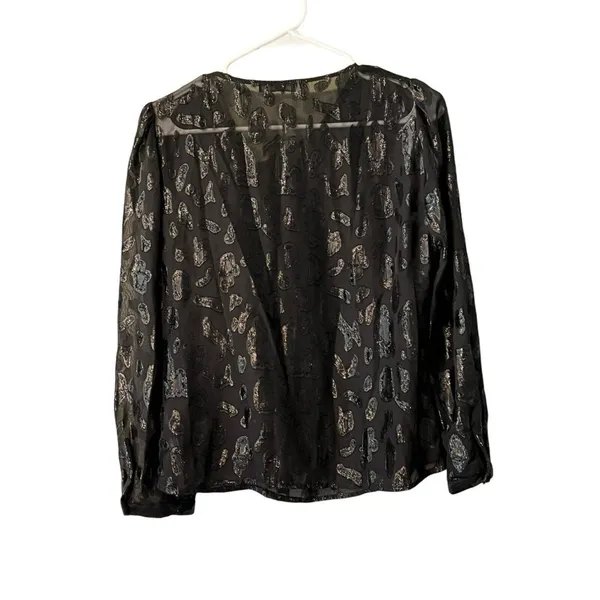 Zara Women XS Black Sheer Long Sleeve‎ Embroidered Top Blouse Ruffle Front - Image 2