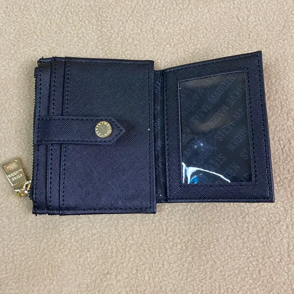 Steve Madden Black Faux Leather Zip‎ Card Holder Wallet Coin Pouch ID Window GUC - Image 3