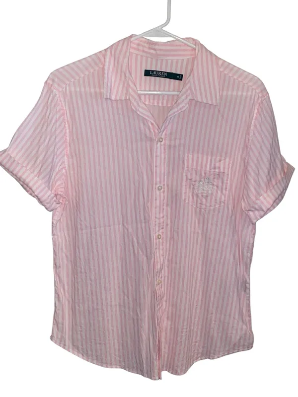Lauren Ralph Lauren Pink Striped Short-Sleeve button up Shirt Coastal Grandma - Image 2