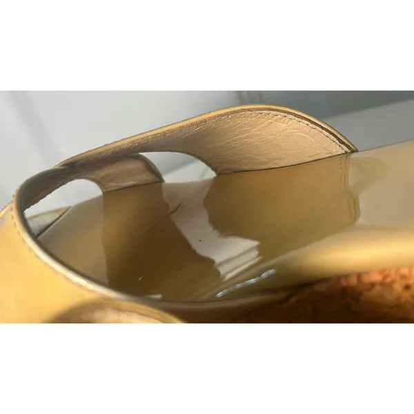 Jimmy Choo Wedge Sandals Slide 7 Tan Patent Leather Cork Heel‎ Logo Toe Plate - Image 11