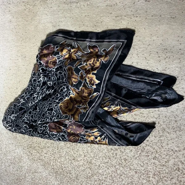 Unbranded Floral Leopard Print Square Scarf Womens OS Black Gold Sheer Silk Feel - Image 5