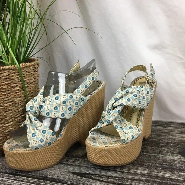 Juicy Couture Blue & Tan Print Fabric Platform Wedge Espadrille Sandal Shoes 7.5 - Image 2