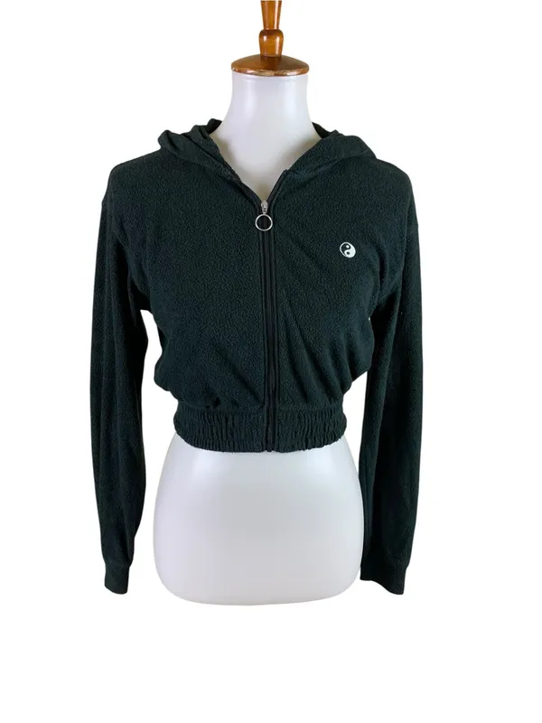 Gilly Hicks Black Cropped Terry Zip Hoodie XS Y2K Lounge Athleisure Yin Yang - Image 2