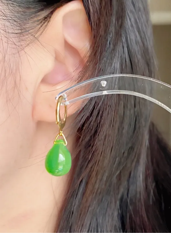 Handmade green opal teardrop Czech glass simple minimalist earrings💚 - Image 6