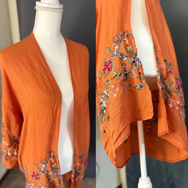 Boho Embroidered Kimono Cardigan Duster Rust Floral Open Front Festival One Size - Image 7