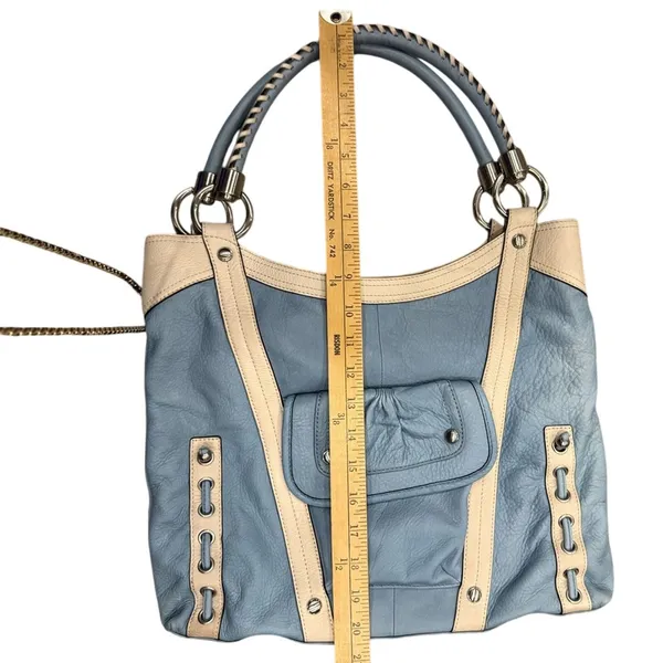 B. Makowsky Blue and Cream Shoulder leather laptop message Bag leopard lining - Image 8