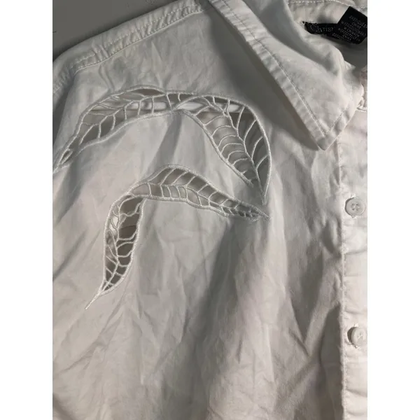 Christian Lacroix White Cut Out Leaf Embroidered Cropped Button Down Shirt‎ Sz L - Image 2