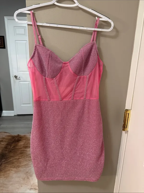 Y2K Pink Glitter Mesh Corset Style Bodycon Mini Dress Size Medium US 8-10 - Image 2