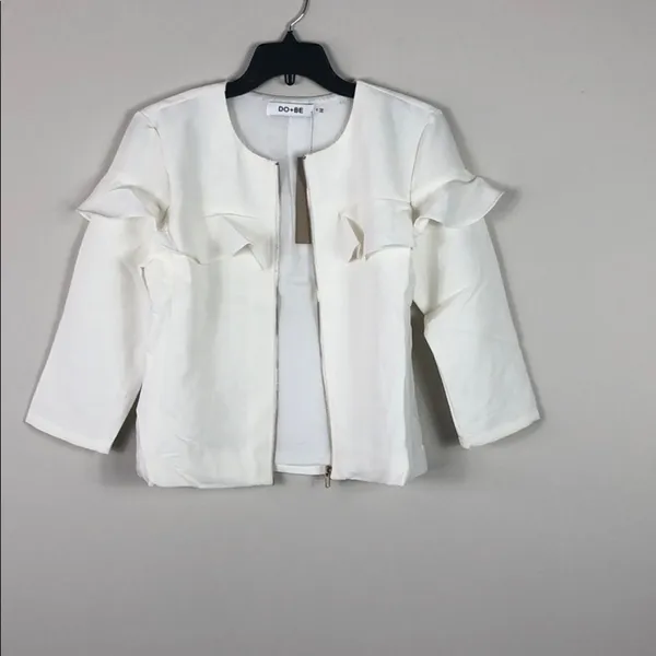 Ivory Ruffle Jacket Lightweight Zip Front Cropped Blazer Lined Size Small NWT White - Image 4