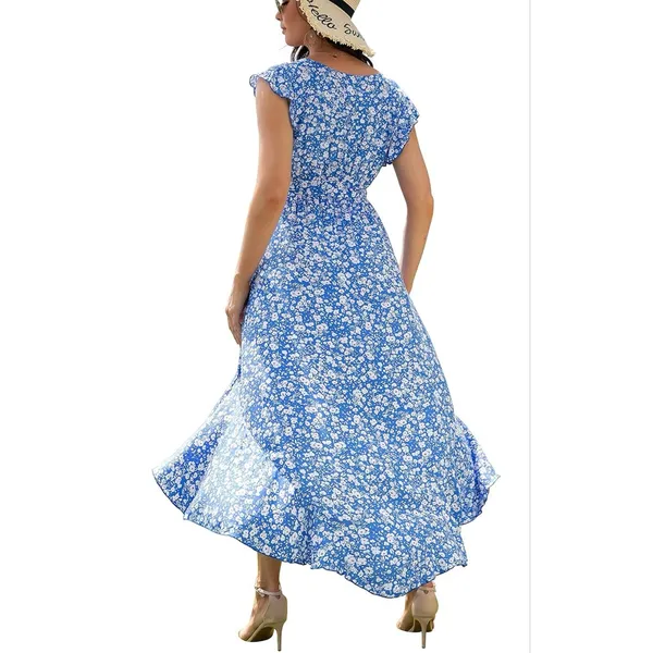 Grecerelle Blue & White Floral Print V-Neck Short Sleeve High Low Maxi Dress - Image 4