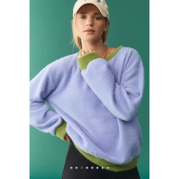 Maeve Anthropologie Sweater Women's M‎ Boxy Ringer Oversized Fuzzy Purple Green - Image 2