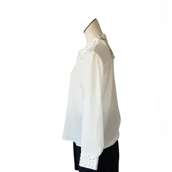 NWT ZARA Embellished Long Sleeve Chiffon Button Up Shirt White Medium - Image 7