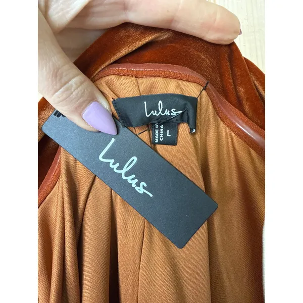 NWT Lulus I'm Enchanted Rust Orange Velvet Off-the-Shoulder Maxi Dress Gala L - Image 5