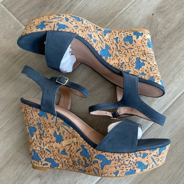 Anthropologie Arden Denim Blue Cork Platform Wedge Leather Sandals Size 9 - Image 4