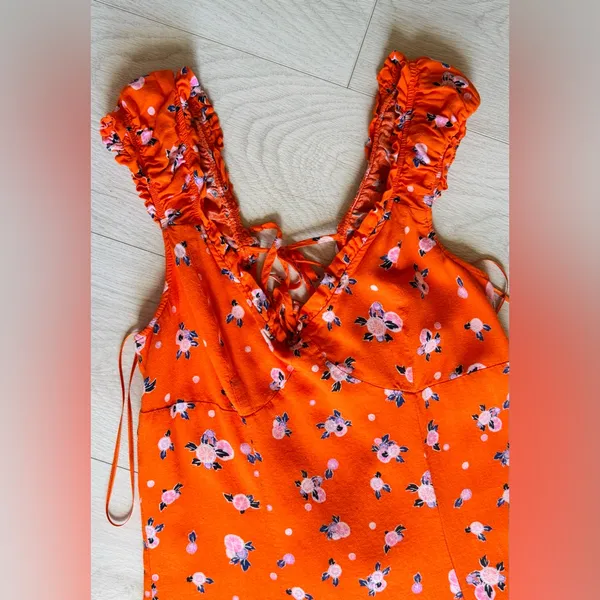Free People Like a Lady Printed Mini Orange Dress Open Tie Back, Sz M - Image 5