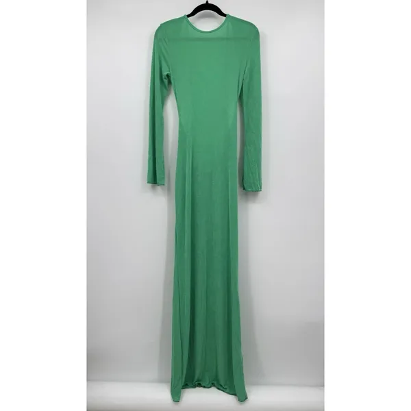 Dramatic Cowl-Neck Draped Back Maxi Dress Medium Green Long Sleeve Formal Sexy - Image 3