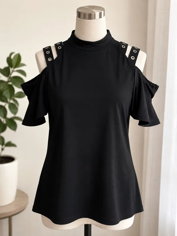 Women’s Black Cold Shoulder Blouse Ruffle Sleeve Casual Top - Image 4