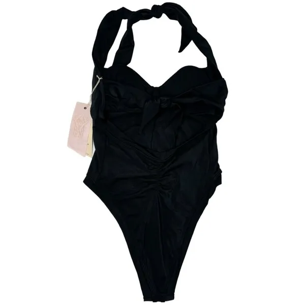 We Are‎ HAH Size S Pull Thru 1 Piece Bodysuit Swimsuit Black Cheeky Halter NEW - Image 4