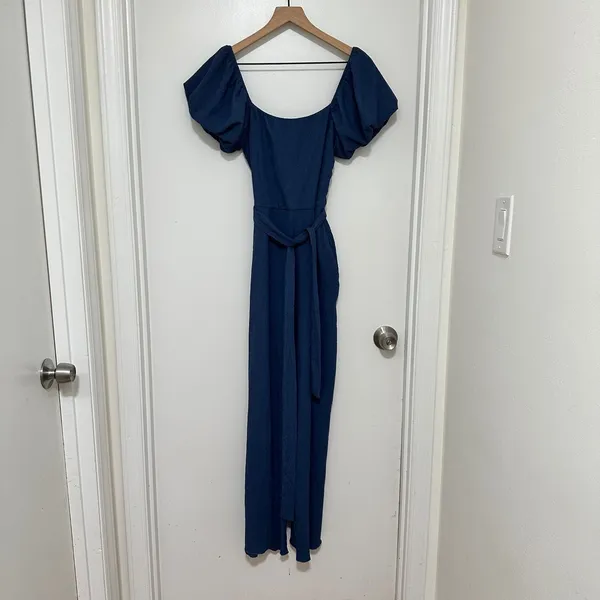 Trixxi Los Angeles |‎ Navy Blue Puff Sleeve Textured Wide Leg Jumpsuit, Size M - Image 2