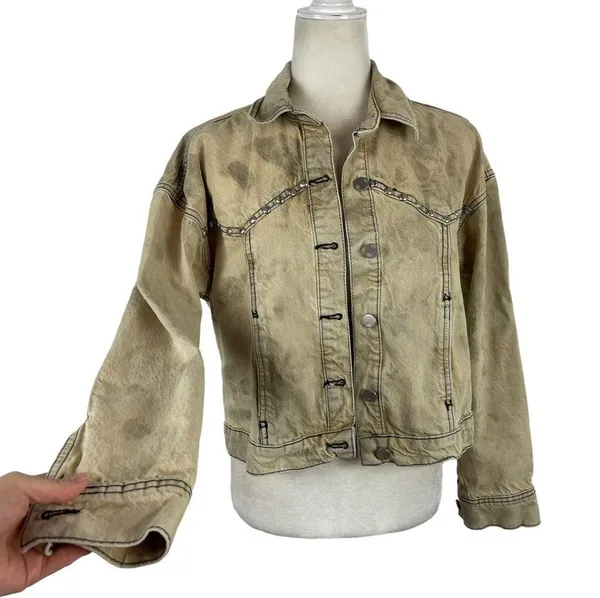 Zara Studded Z1975 Cropped Denim Jacket Tan Size XS Washed effect 100% Cotton - Image 3
