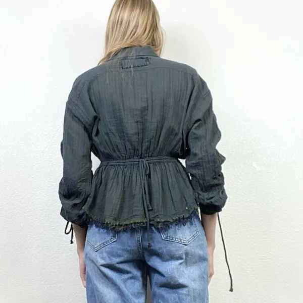 Free People Pacific Dawn Dark Grey Distressed Fitted Waist Scrunched Sleeve Top - Image 2