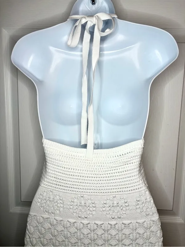 Frye Textured Knit Bright White Crochet Halter Midi Dress Sweater Dress M NWT - Image 7