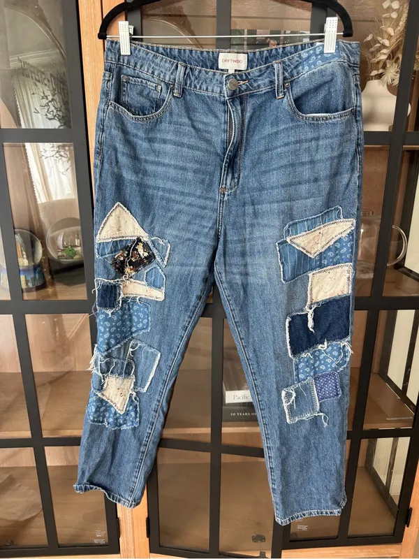 Sundance Driftwood Patchwork jeans Abbey mom Free People High Rise boyfriend boho floral - Image 7