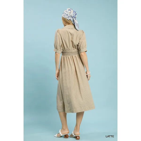 Umgee Striped Midi Dress with Front Zipper - Latte - Small - Image 3