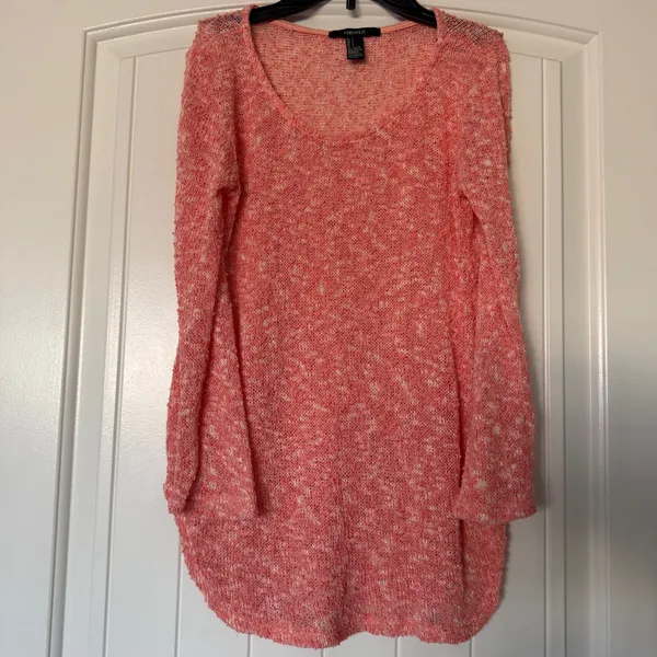 Soft Coral Pink Bouclé Open Knit Sweater Top Romantic Beachy Lightweight Long Sleeve - Image 3