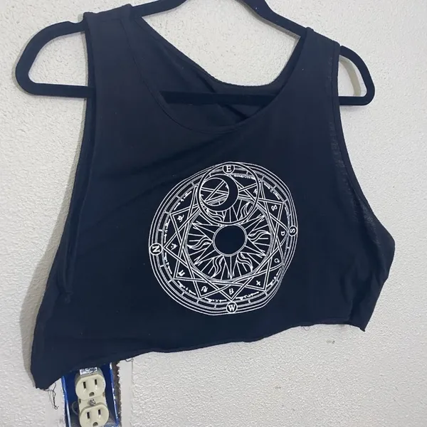SHEIN 2XL Black Cropped Tank Top Astrological Sun & Moon Graphic Raw Hem Goth - Image 2