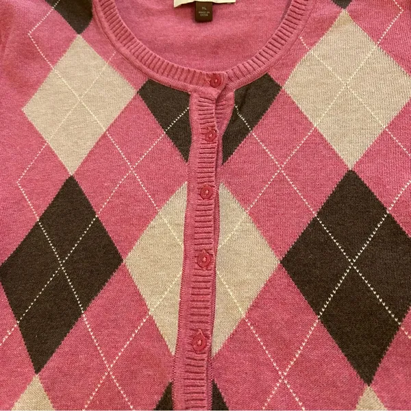 Sonoma Pink and Brown Argyle Cardigan Sweater - Image 4
