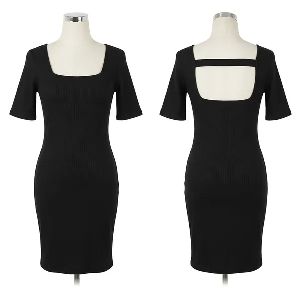 Popular 21 Black Ribbed Square Neck Cutout Open Back Bodycon Midi Dress - L - Image 2