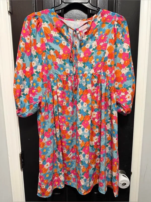 Floral Puff-Sleeve Casual Dress in Aqua with Pink & Orange Blooms - Image 2