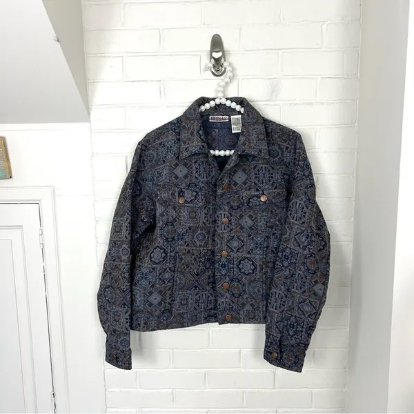 Vintage Bill Blass Patterned Tapestry Trucker Jacket Size M Blue Size M - Image 2