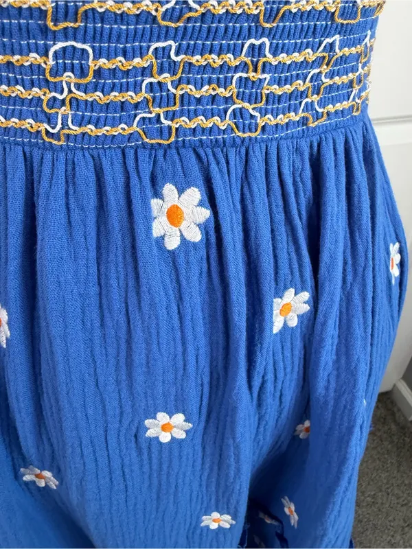 Boutique Sz S Blue Daisy Smocked Tie Strap Tiered Maxi Dress Cottagecore - Image 6