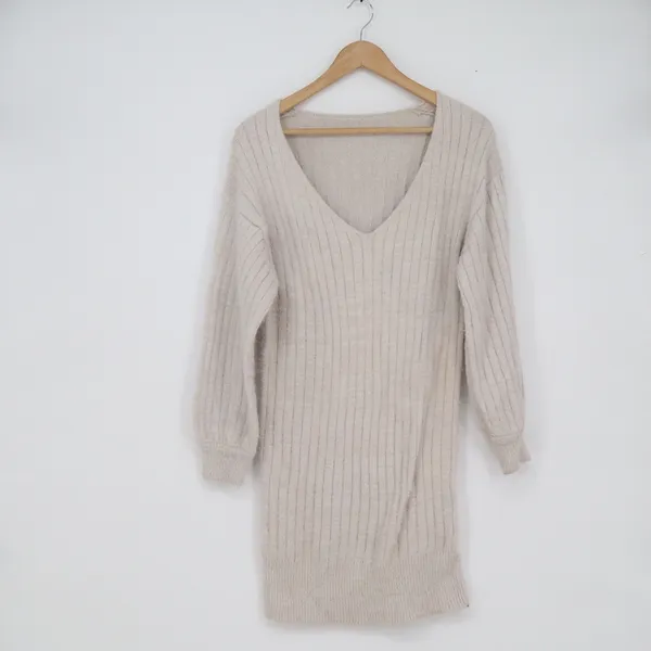 Rouge! Beige Ribbed Knit V-Neck Sweater Dress Long Sleeve Size 8 Oatmeal - Image 2