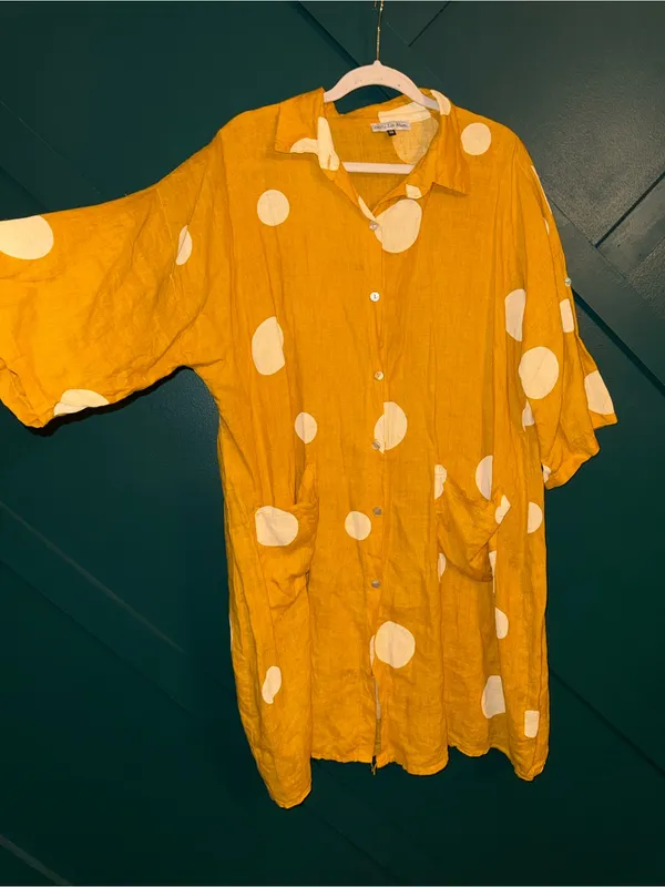 Linen Mustard Yellow Polka Dot Button Front Shirt Dress Tunic Boho Pockets XL - Image 8