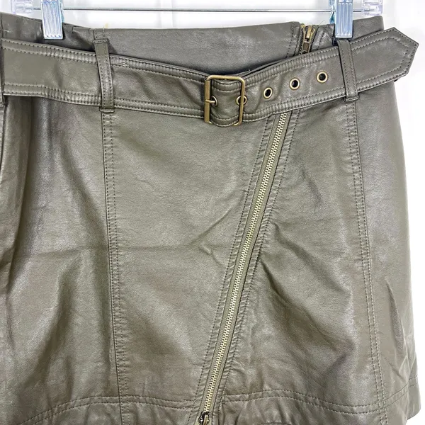 Free People Vegan Leather Moto Mini Skirt Y2K Boho Edgy Rocker Olive - Image 3
