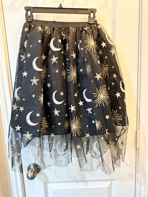 Celestial Moon Stars Tulle Skirt Black Gold Silver Sheer Mesh S/M Whimsigoth - Image 2