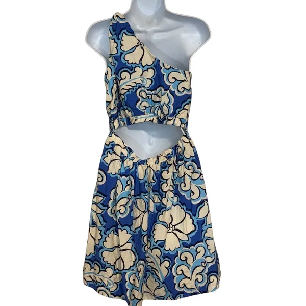 🆕 MEET ME IN SANTORI Azure Bloom Floral One Shoulder Cutout‎ Mini Dress Small - Image 5