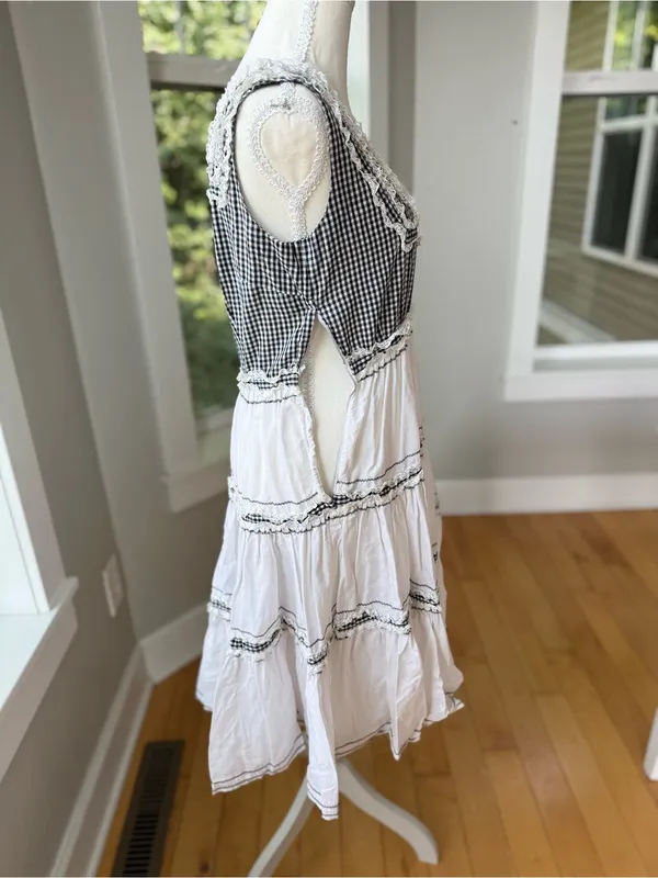 Vintage Handmade Black & White Gingham Tiered Cotton Midi Dress FLAW - Image 6