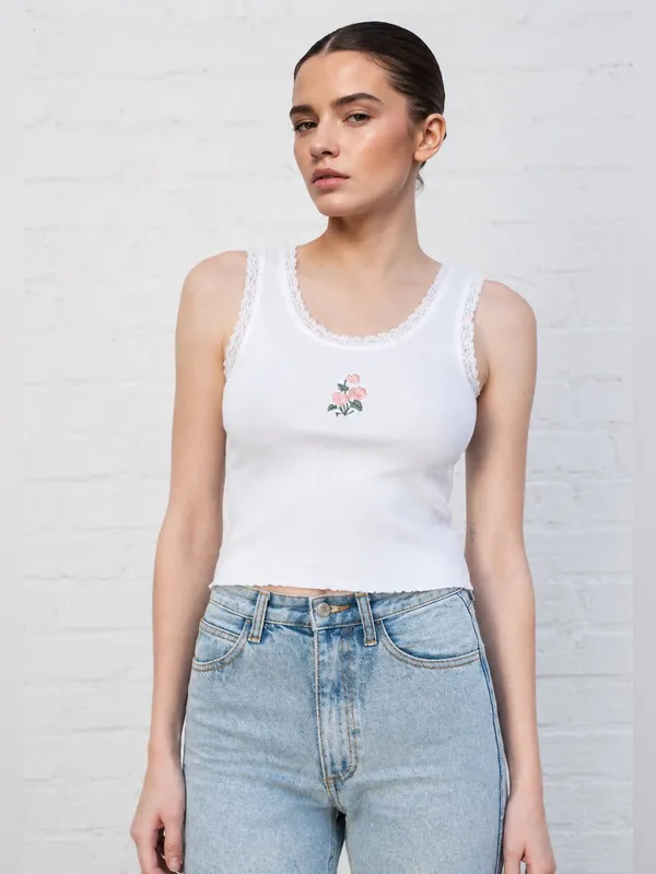RARE Brandy Melville J. Galt Ronnie Lace floral Embroidered CropTank Top White - Image 2